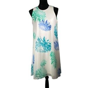 Calvin Klein White Shift Dress Blue Teal Floral Print Sheer Overlay A-Line 10